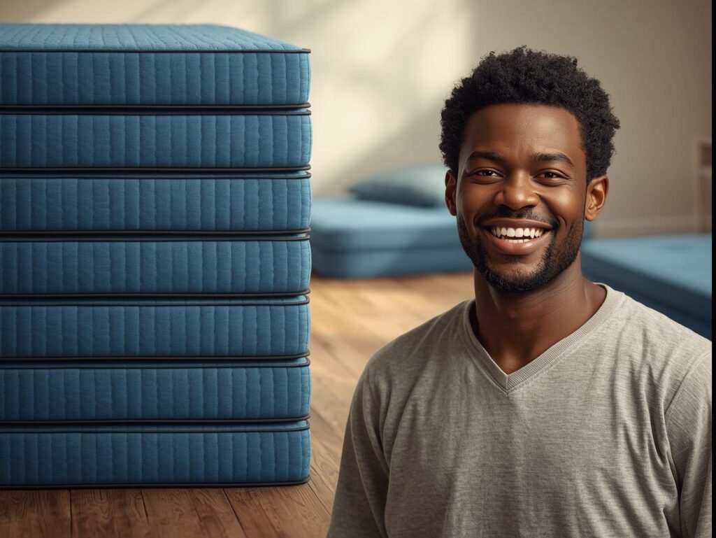 colchoes azul empilhados e no fundo colchões azul espalhados pelo chão prontos para pessoas dormirem.